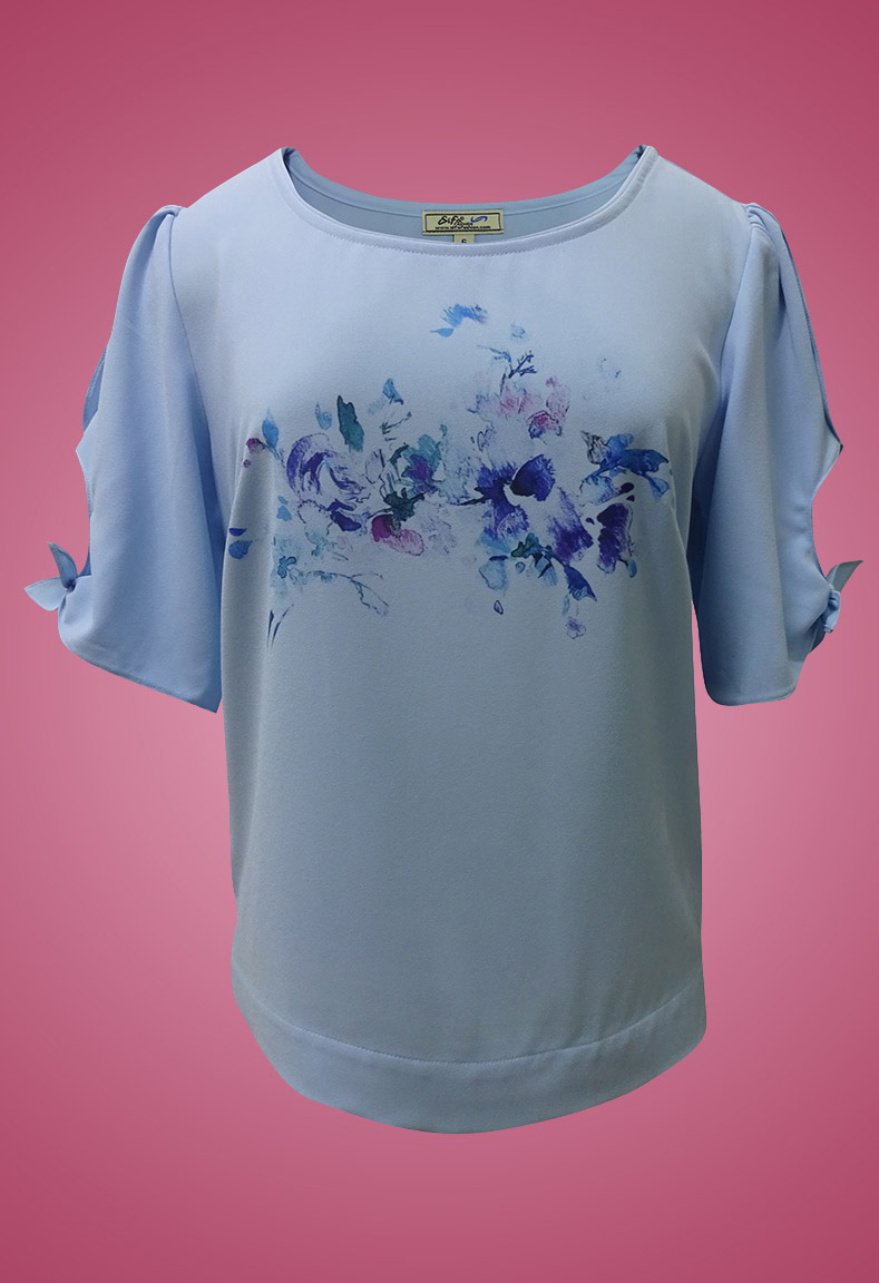 Bộ cổ tròn in hoa tay kết nơ - Áo